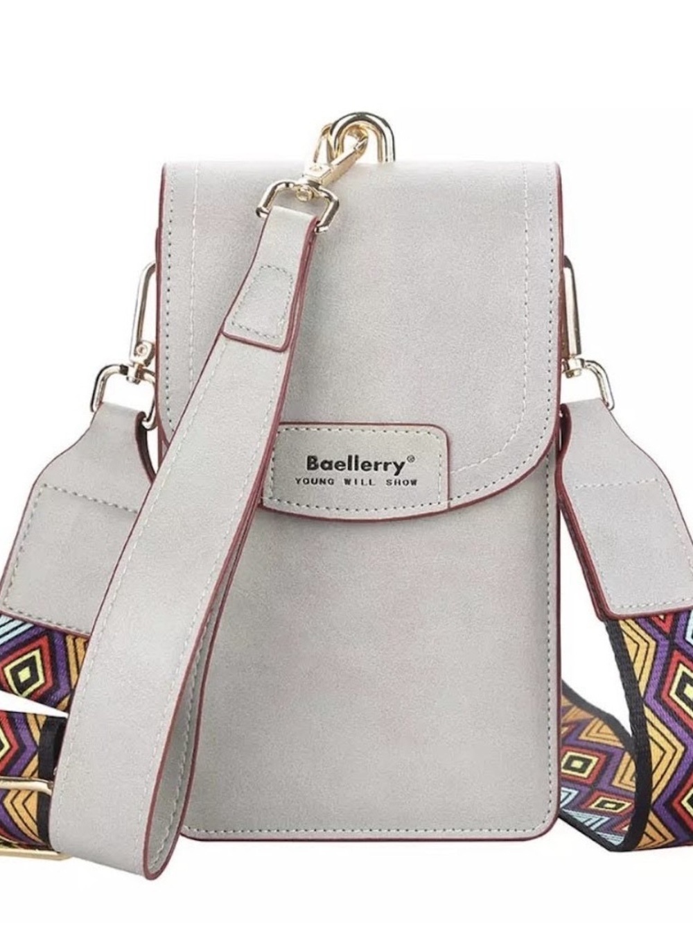 Gray genuine leather  Crossbody Phone Bag with Patterned Strap